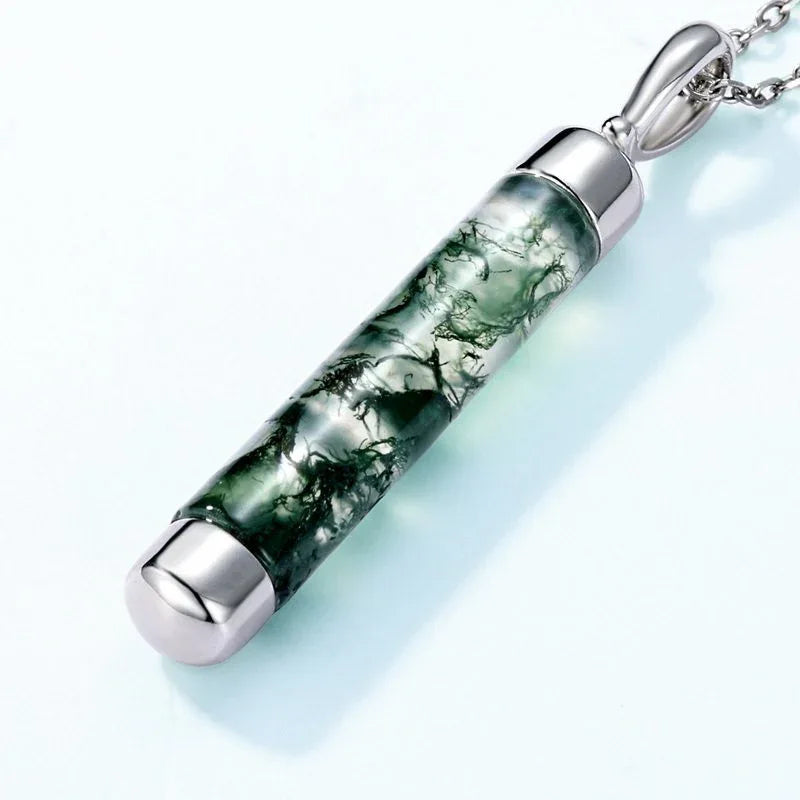 Unique Cylindrical Moss Agate Pendant Necklace — angled pendant and chain detail 4
