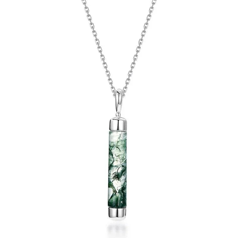 Unique Cylindrical Moss Agate Pendant Necklace — full necklace arrangement 5