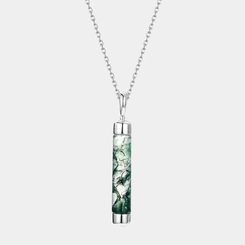 Unique Cylindrical Moss Agate Pendant Necklace — full necklace view on a light background