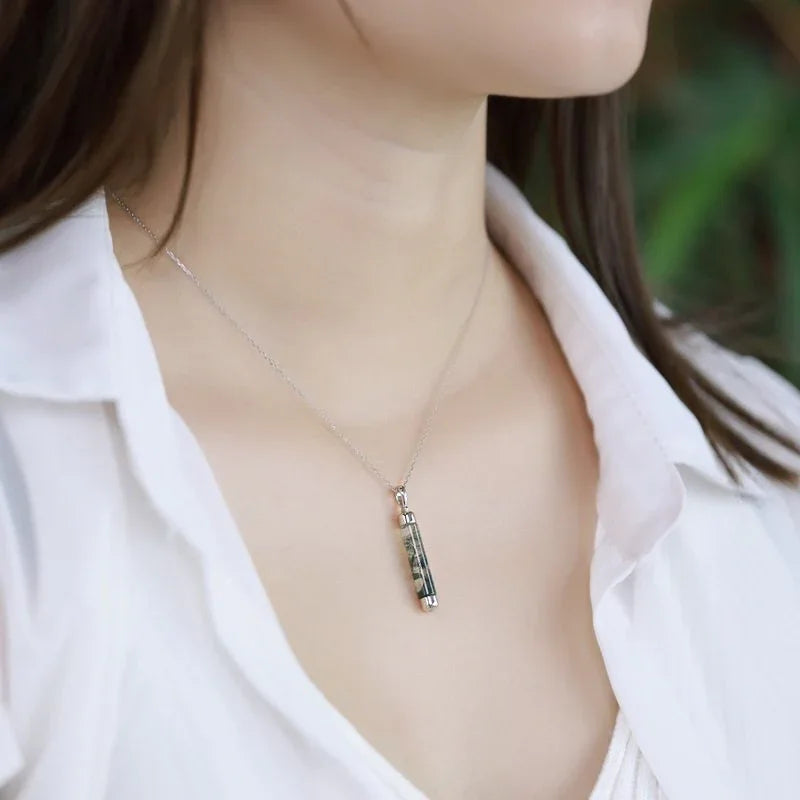Unique Cylindrical Moss Agate Pendant Necklace — neckline scale view 2