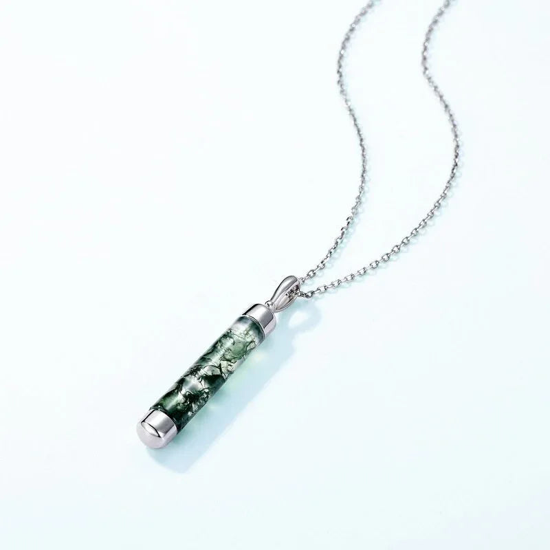 Unique Cylindrical Moss Agate Pendant Necklace — pendant close-up 3