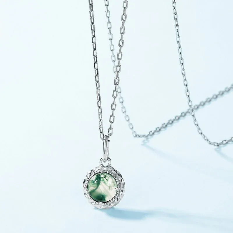 Unique Fashion Cabochon Moss Agate Pendant Necklace — angled pendant and chain detail 4