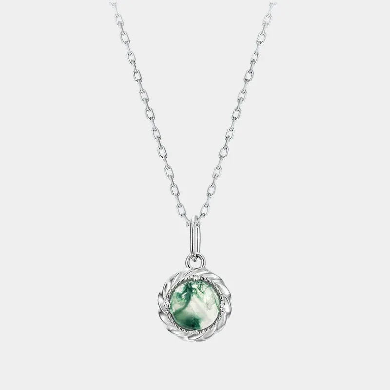 Unique Fashion Cabochon Moss Agate Pendant Necklace — full necklace view on a light background