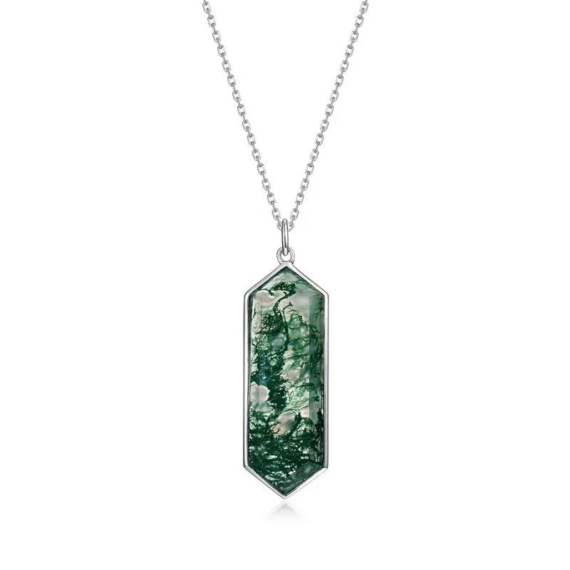 Unique Long Moss Agate Pendant Necklace — angled pendant and chain detail 4