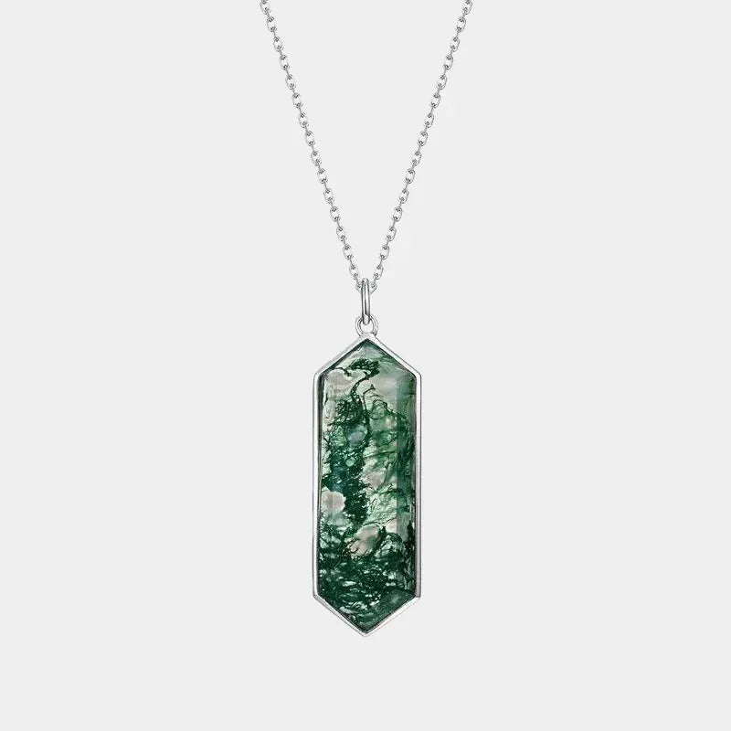 Unique Long Moss Agate Pendant Necklace — full necklace view on a light background