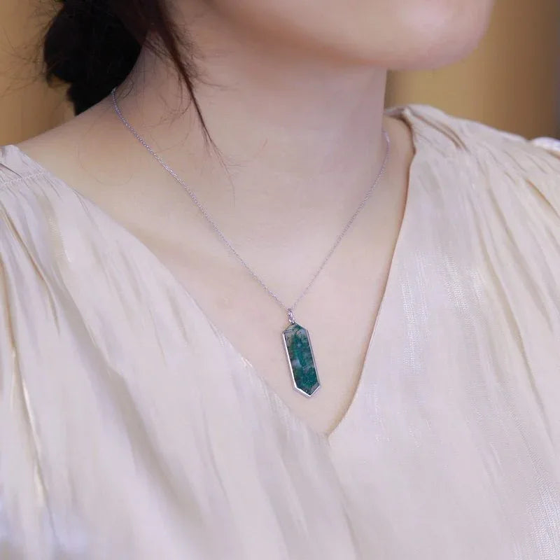 Unique Long Moss Agate Pendant Necklace — neckline scale view 2