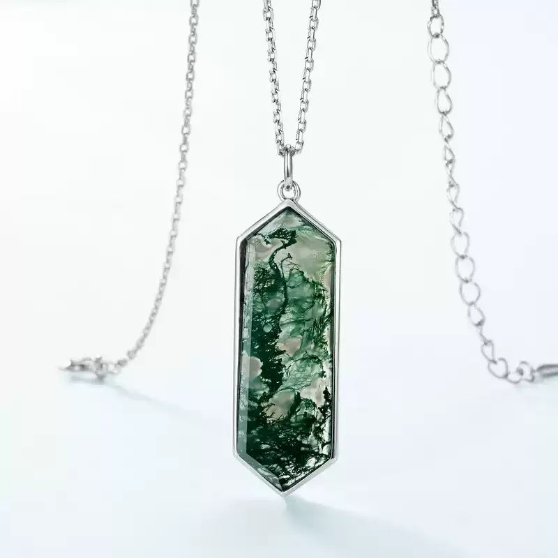 Unique Long Moss Agate Pendant Necklace — pendant close-up 3