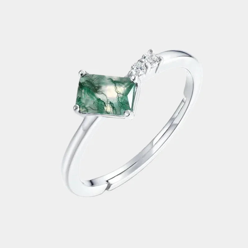 Unique Moss Agate Open Ring — front product view on a light background