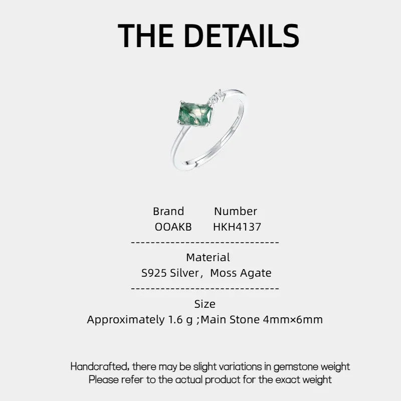 Unique Moss Agate Open Ring — Moss Agate specification card with material and measurements