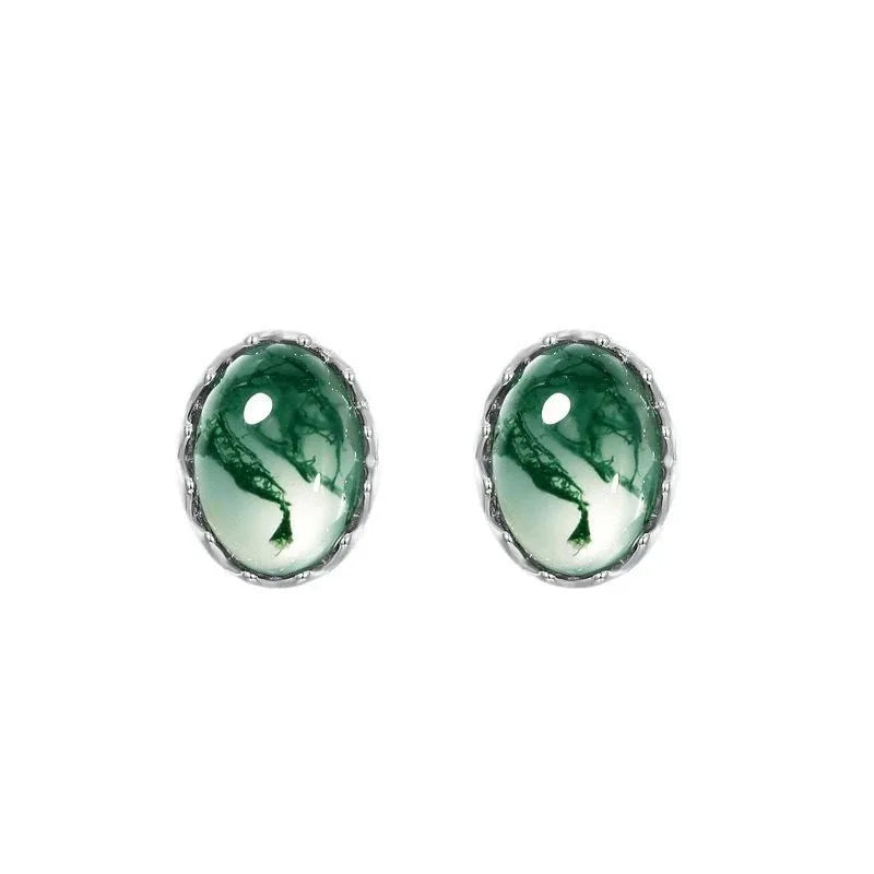 Unisex Elegant Cabochon Moss Agate Earrings — alternate front view 6