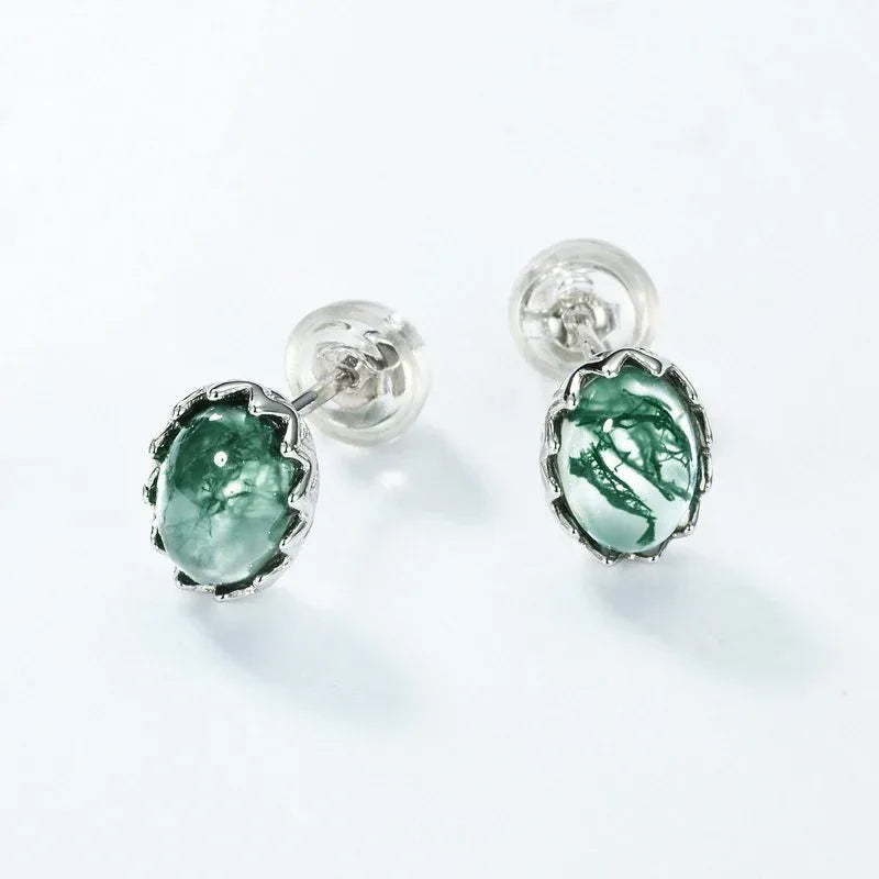 Unisex Elegant Cabochon Moss Agate Earrings — angled product view 5
