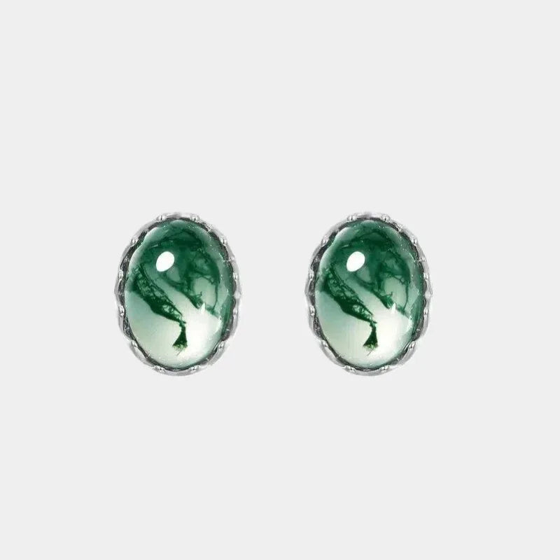 Unisex Elegant Cabochon Moss Agate Earrings — front product view on a light background