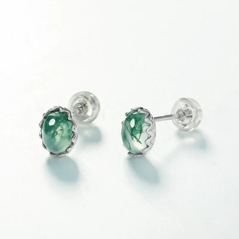 Unisex Elegant Cabochon Moss Agate Earrings — front setting detail 3