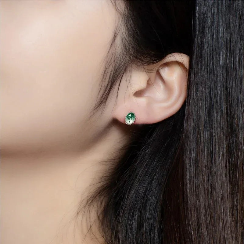 Unisex Elegant Cabochon Moss Agate Earrings — hand-worn scale view 2