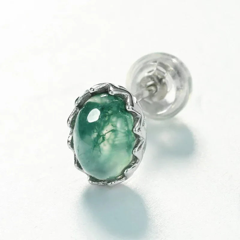 Unisex Elegant Cabochon Moss Agate Earrings — side profile and band detail 4