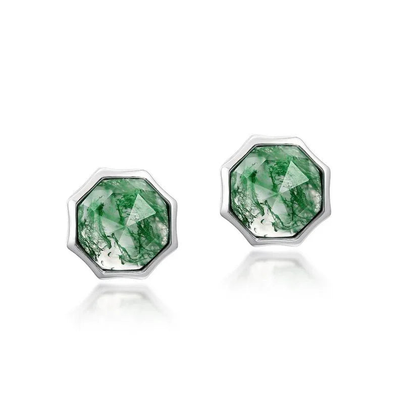 Unisex Octagonal Moss Agate Earrings — alternate front view 6