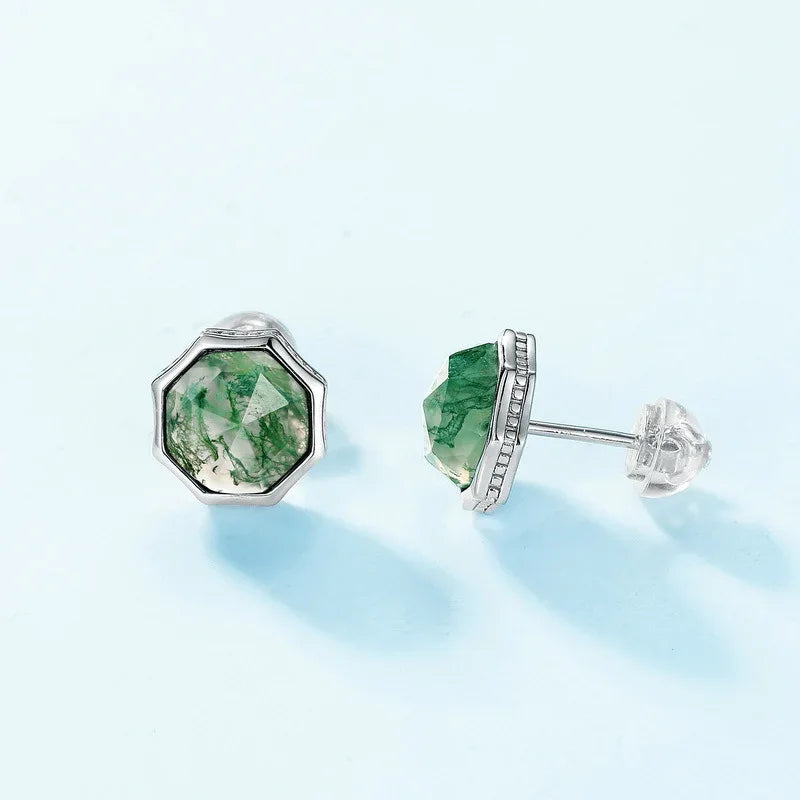 Unisex Octagonal Moss Agate Earrings — front setting detail 3