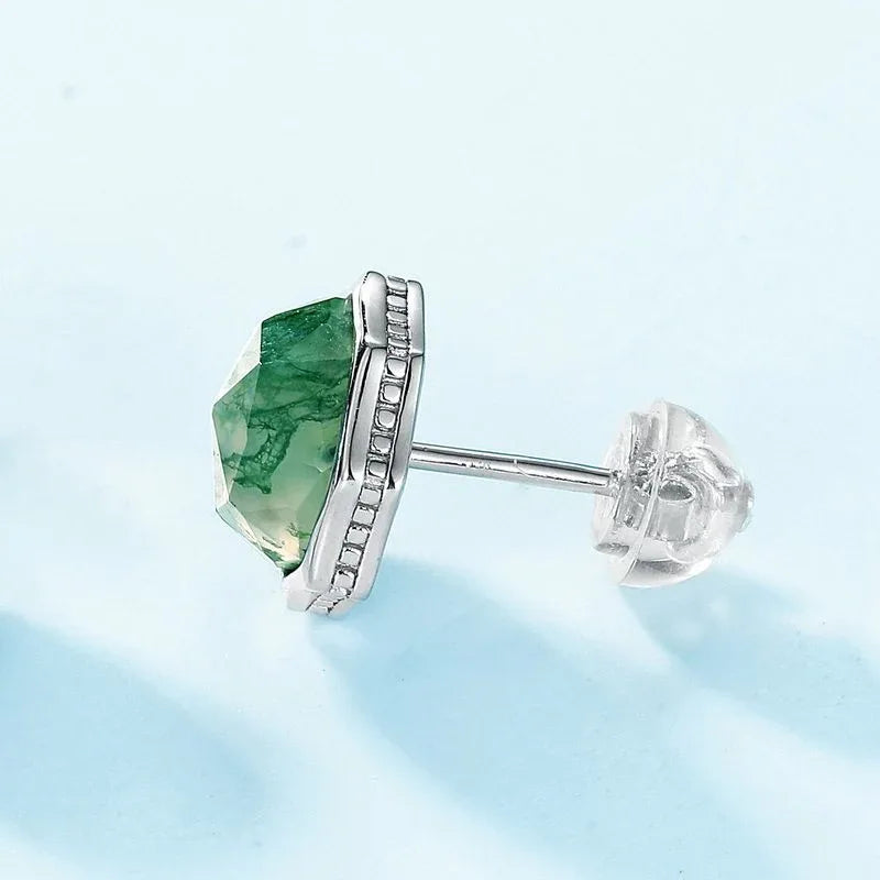 Unisex Octagonal Moss Agate Earrings — side profile and band detail 4