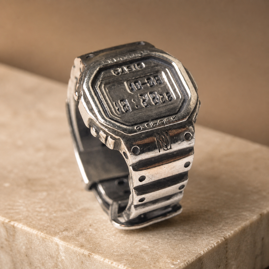 Vintage digital watch-inspired silver-tone ring displayed upright on warm beige stone
