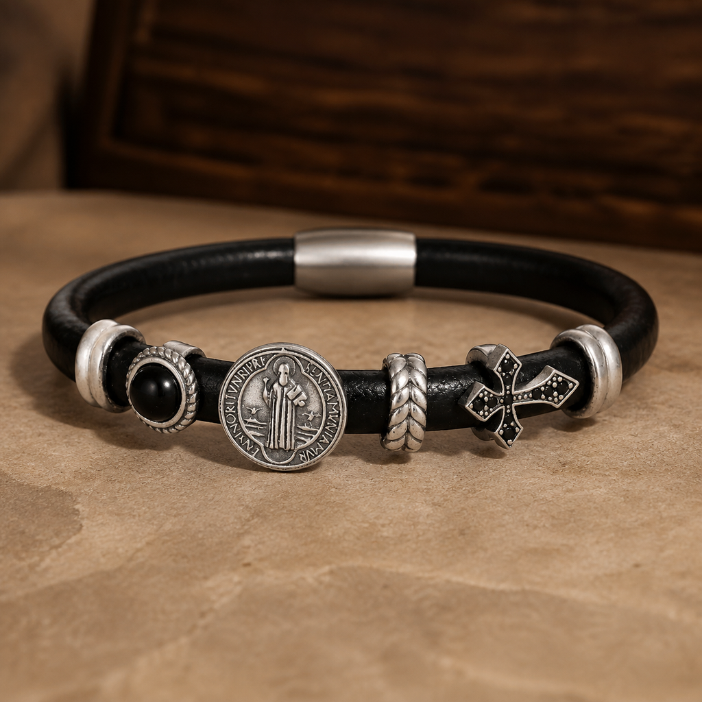 Black leather bracelet with black agate, silver-tone medallion and cross accents on beige stone