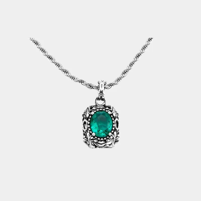 Vintage-Style Emerald Halo Pendant Necklace full necklace view on a white background