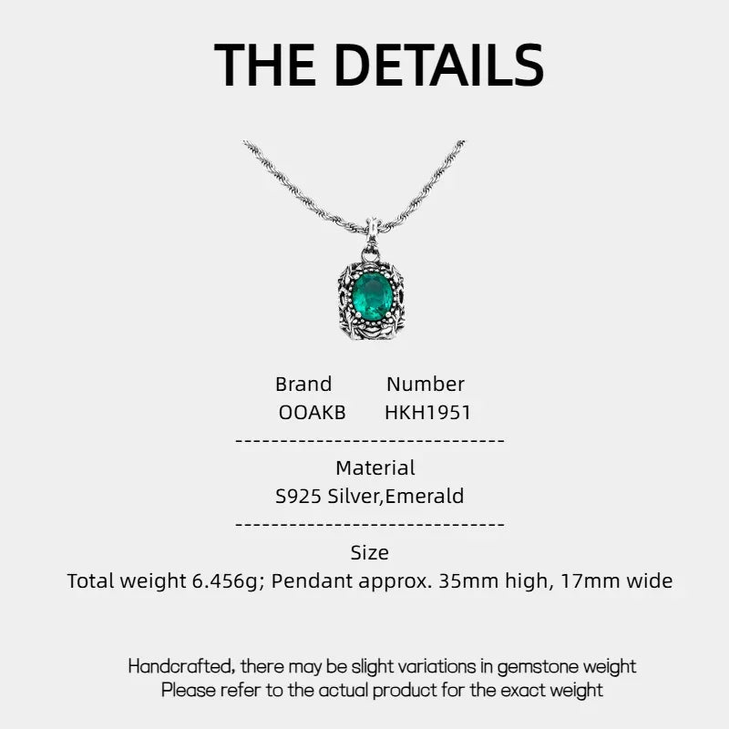 Vintage-Style Emerald Halo Pendant Necklace specification card with product measurements