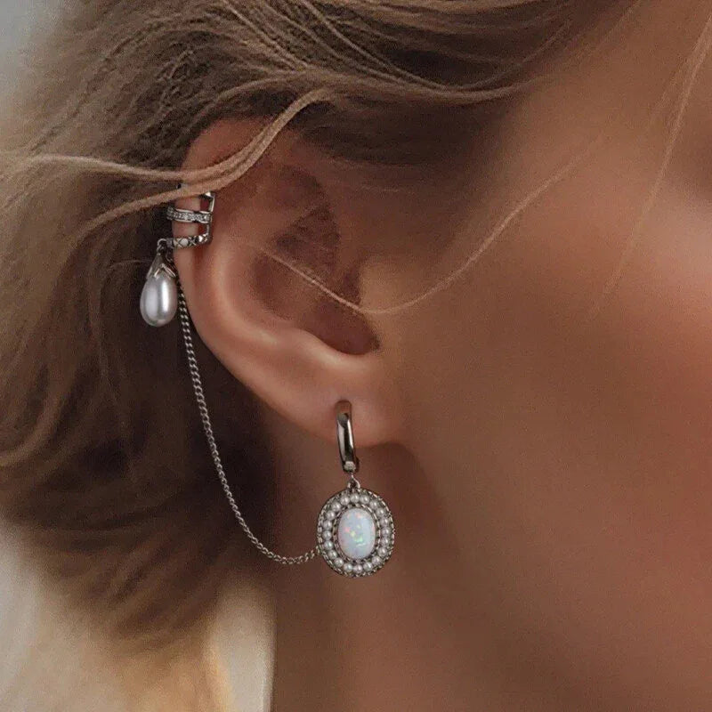 White Opal Asymmetric Chain Earrings angled product view