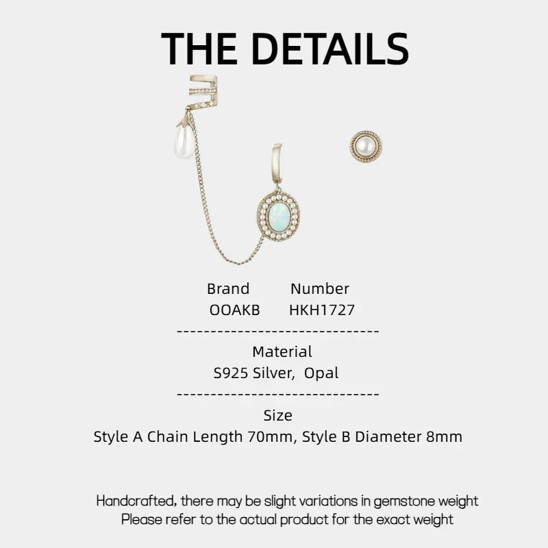 White Opal Asymmetric Chain Earrings specification card with material and size details