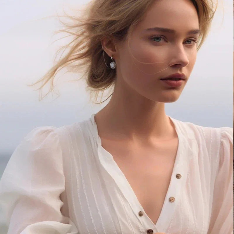 White Opal Asymmetric Chain Earrings top setting detail