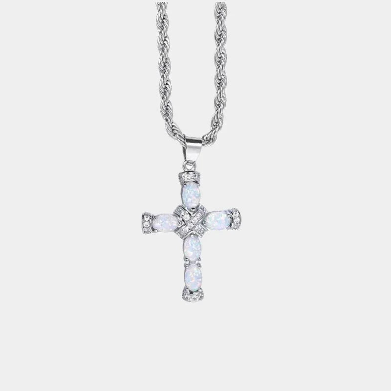 White Opal Cross Pendant Necklace full necklace view on a light background