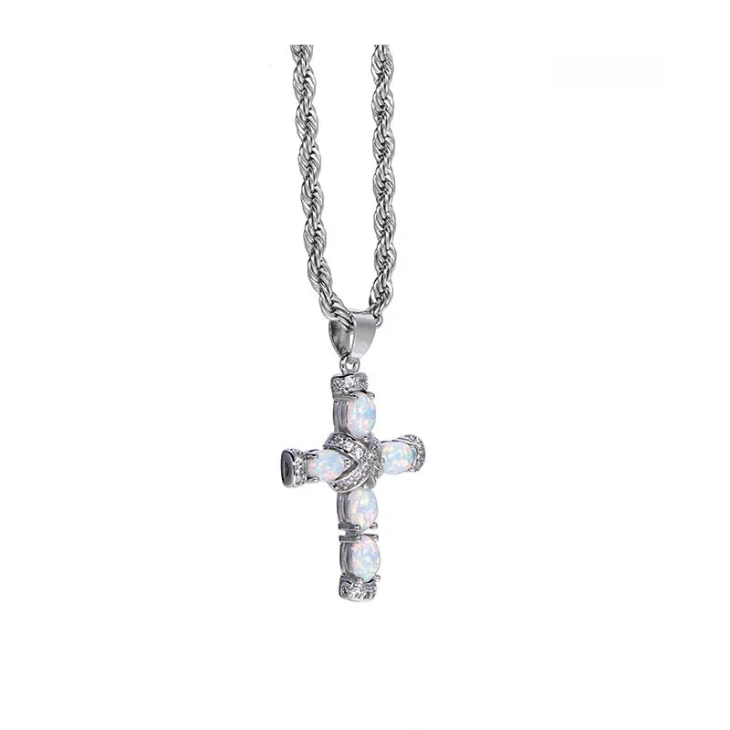 White Opal Cross Pendant Necklace pendant and chain on a display