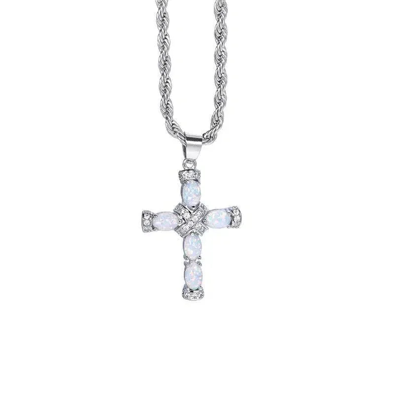 White Opal Cross Pendant Necklace side setting detail