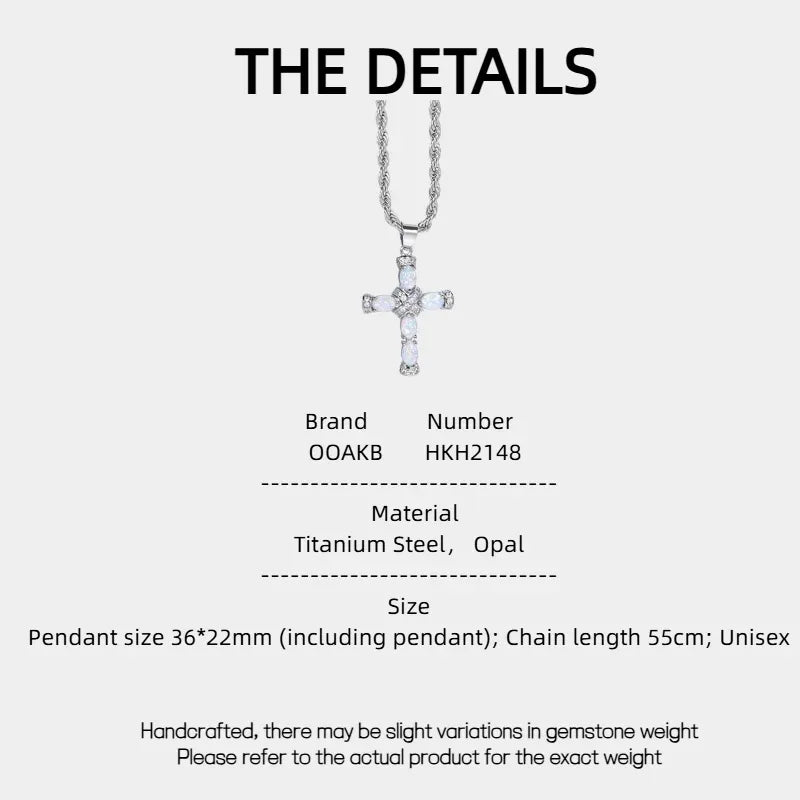 White Opal Cross Pendant Necklace specification card with material and size details