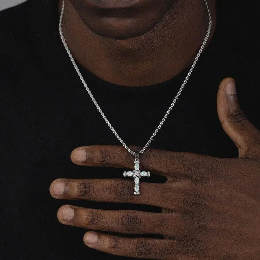 White Opal Cross Pendant Necklace worn at the neckline