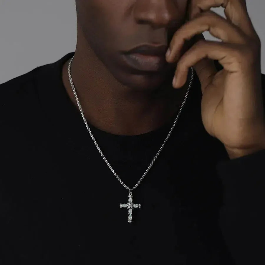 White Opal Cross Pendant Necklace worn at the neckline from another angle