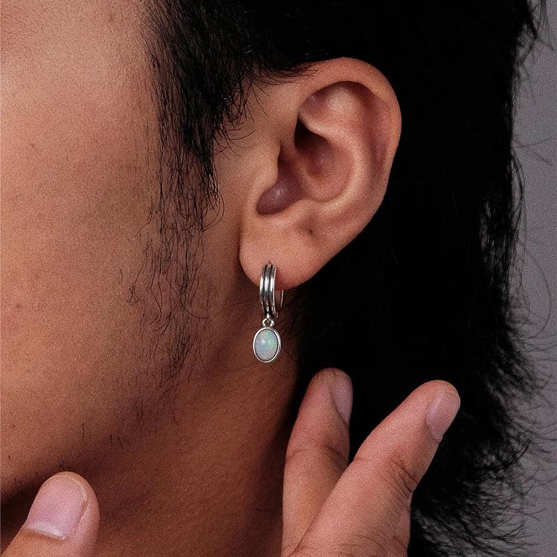 White Opal Drop Huggie Earrings angled product view