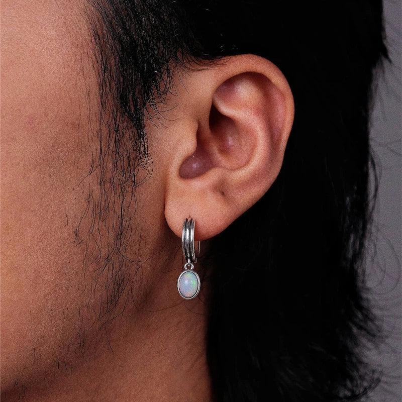 White Opal Drop Huggie Earrings side profile view