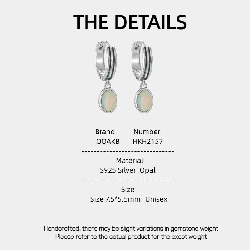 White Opal Drop Huggie Earrings specification card with material and size details