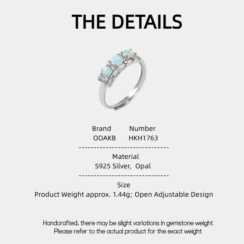 White Opal Five-Stone Adjustable Ring specification card with material and size details