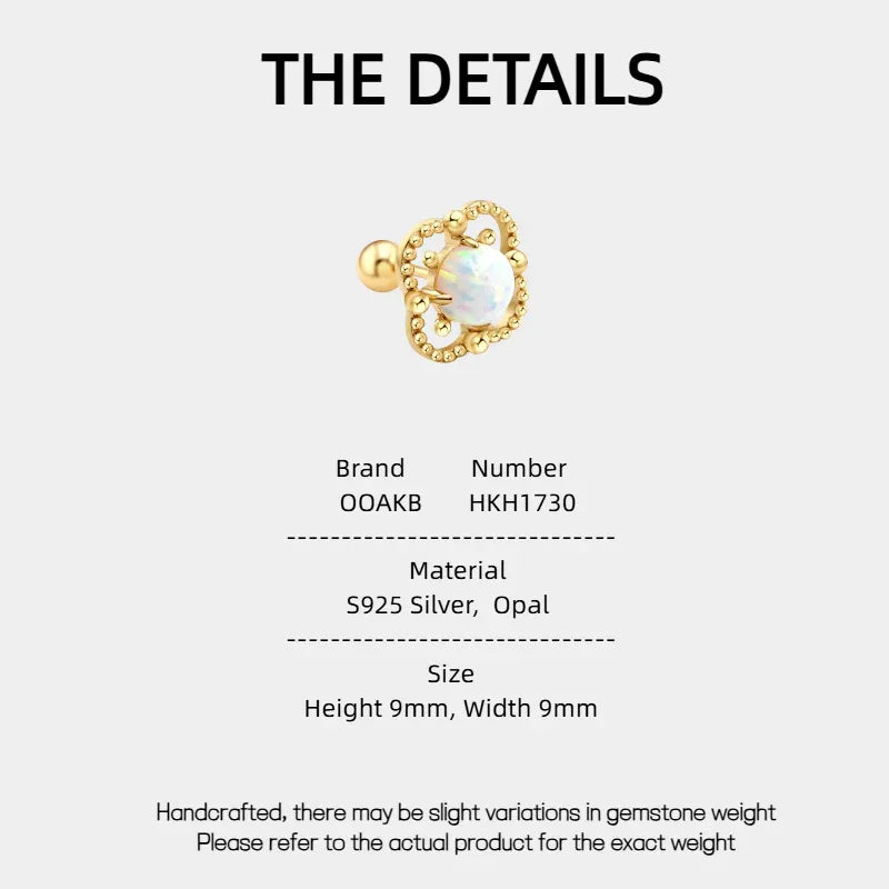 White Opal Floral Single Stud Earring specification card with material and size details