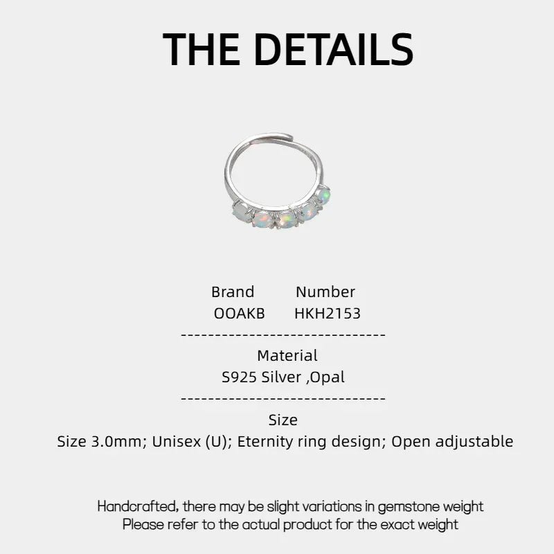 White Opal Half-Eternity Adjustable Ring specification card with material and size details