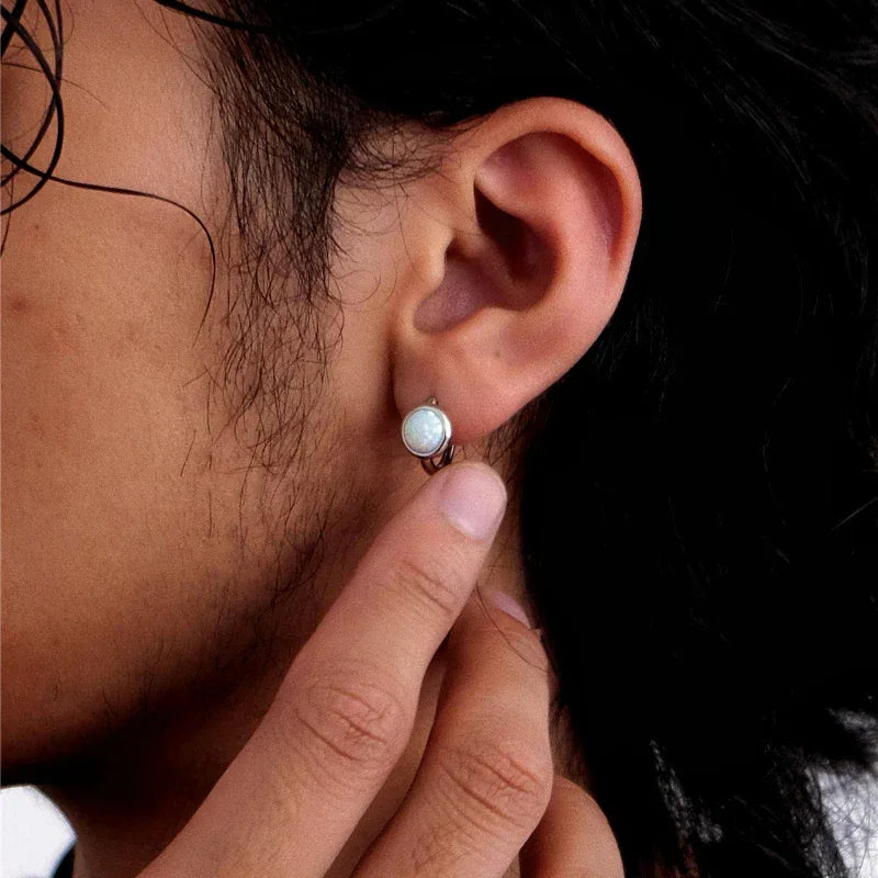 White Opal Huggie Hoop Earrings angled product view
