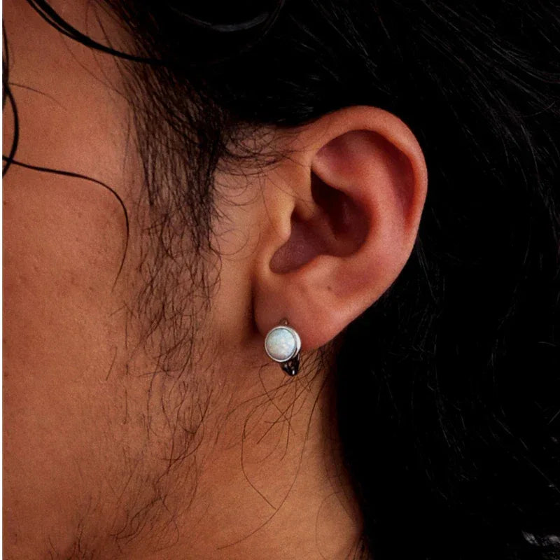 White Opal Huggie Hoop Earrings side profile view