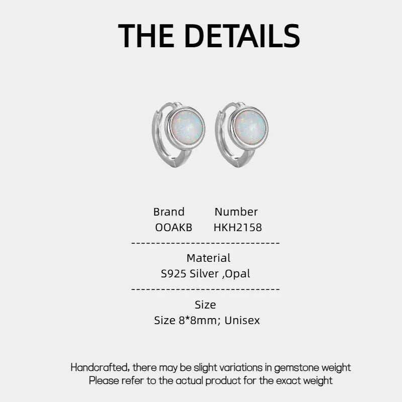 White Opal Huggie Hoop Earrings specification card with material and size details