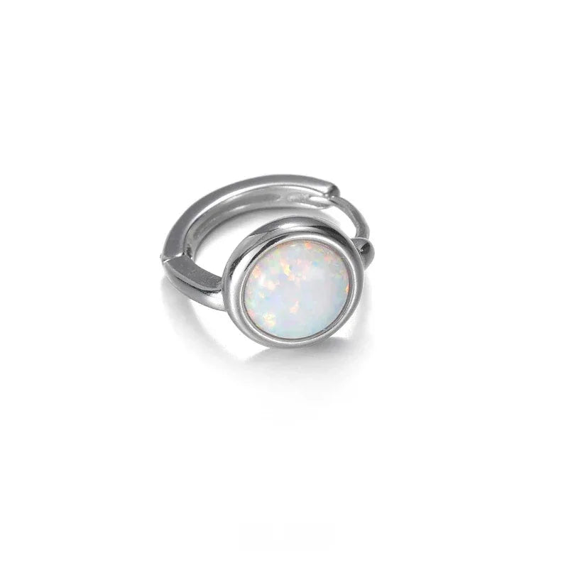 White Opal Huggie Hoop Earrings worn on the hand from another angle