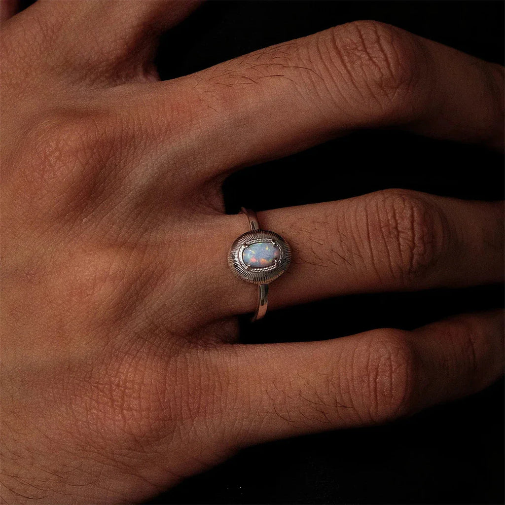 White Opal Oval Adjustable Ring angled product view