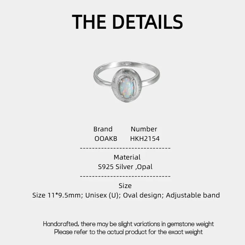 White Opal Oval Adjustable Ring specification card with material and size details
