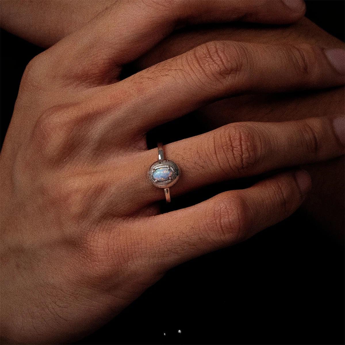 White Opal Oval Adjustable Ring top setting detail