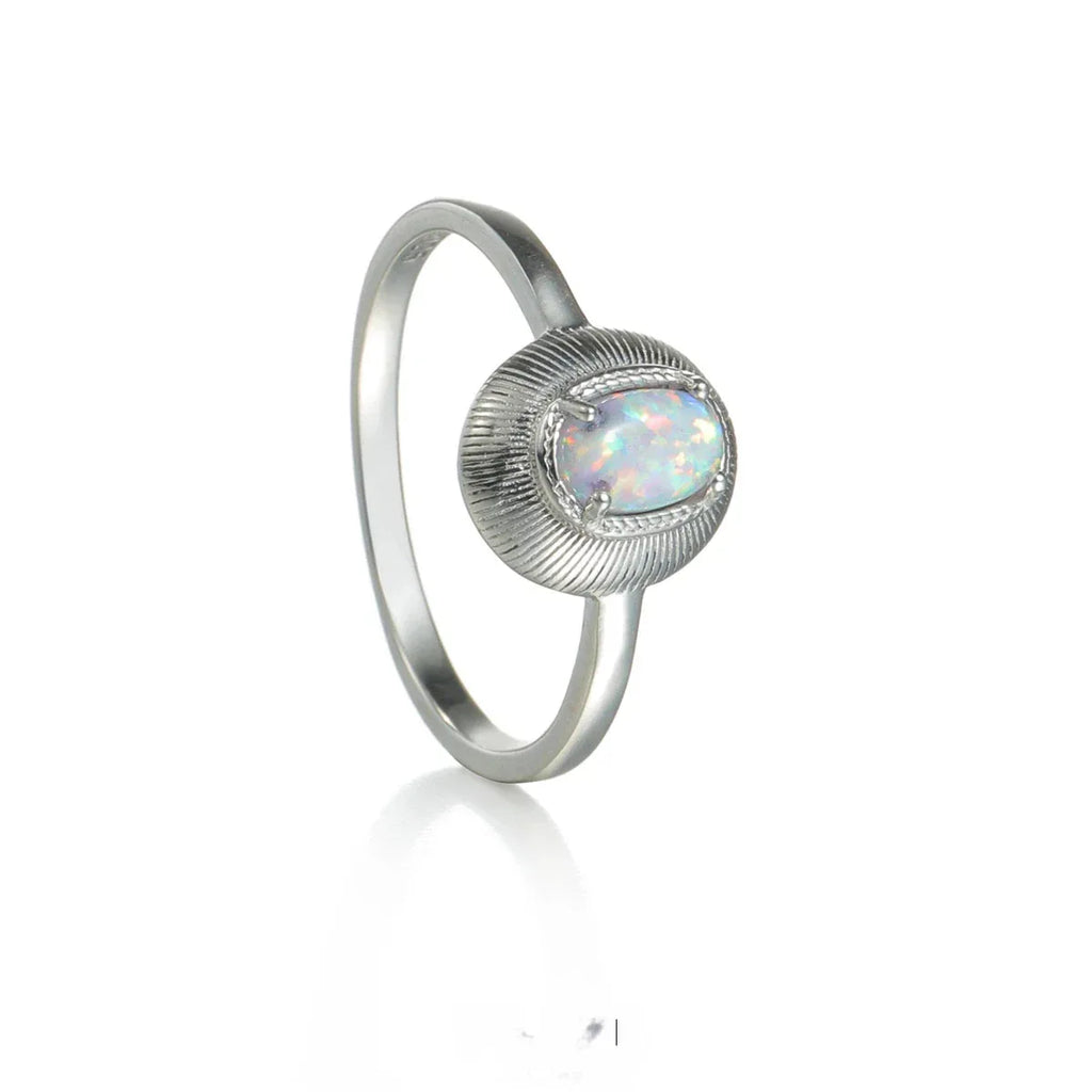 White Opal Oval Adjustable Ring worn on the hand from another angle