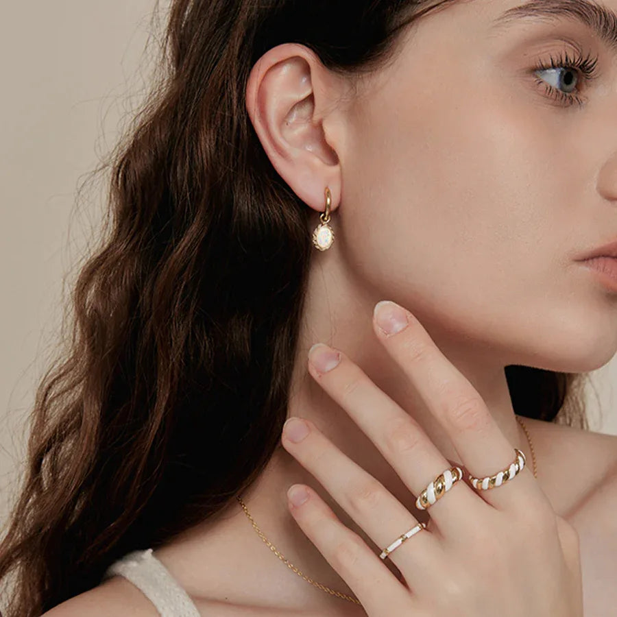 White Opal Oval Hoop Drop Earrings angled product view